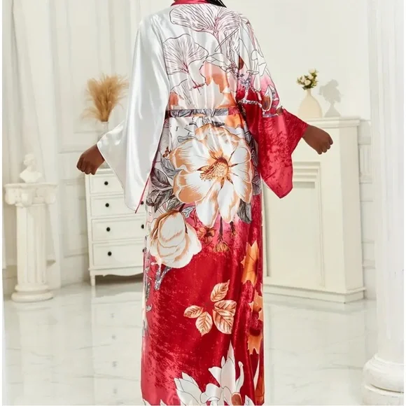 Red And White Floral Kimono Resort Vacation Wear Beach Cover Up Belted One Size - Picture 5 of 5